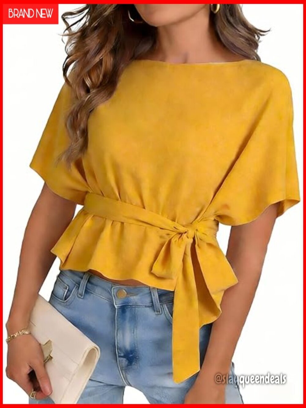 Summer Tie Front Batwing Sleeve Blouse, Crew Neck, Lightweight Polyester